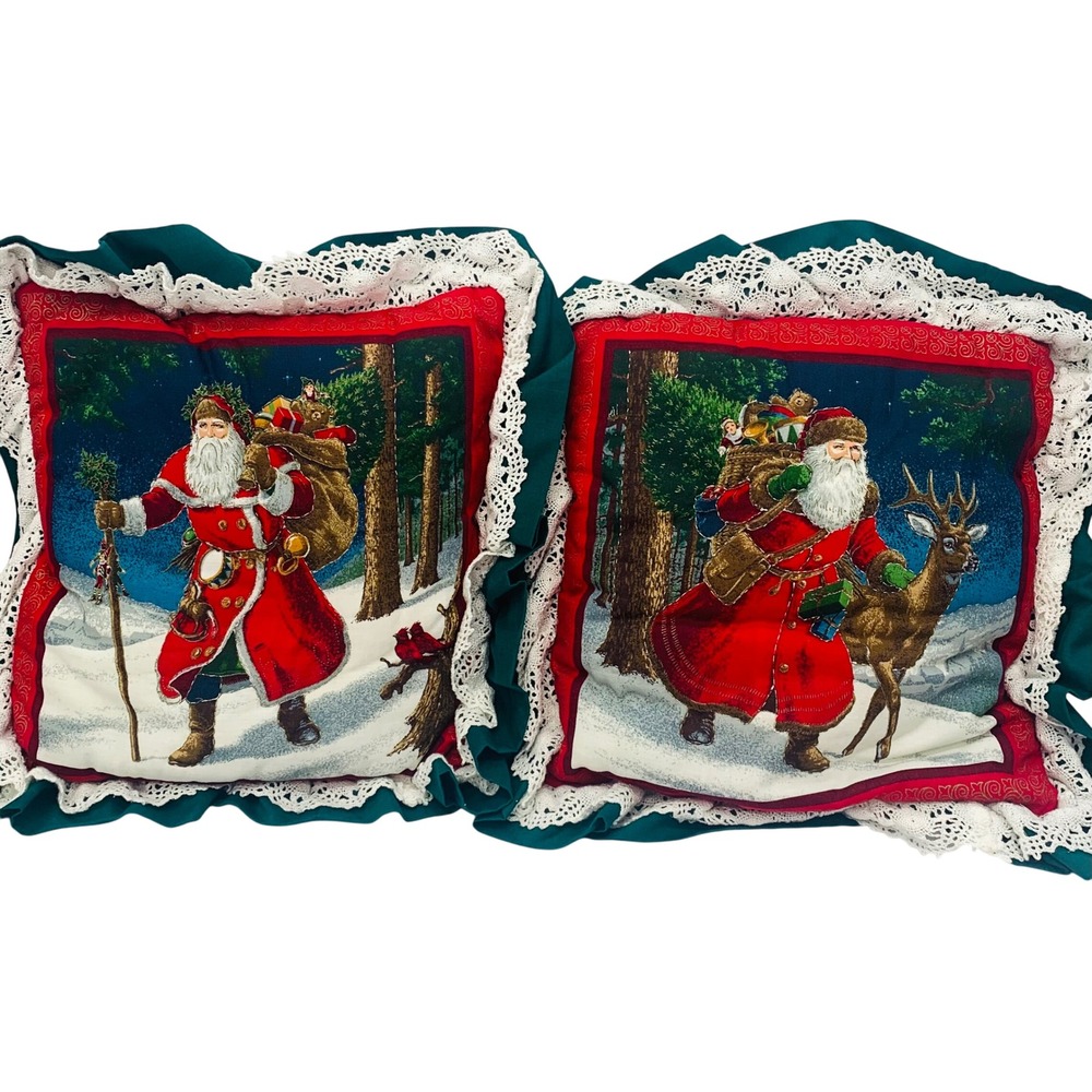 Vintage‎ Christmas Santa Claus Pillow Set Red Green Lace Rustic Farmhouse Decor